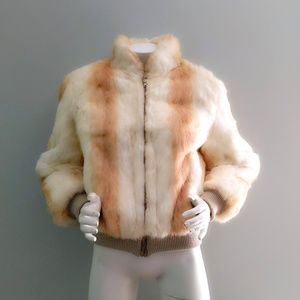 Vtg 80s Rabbit Fur Striped Bomber Zipper Jacket L